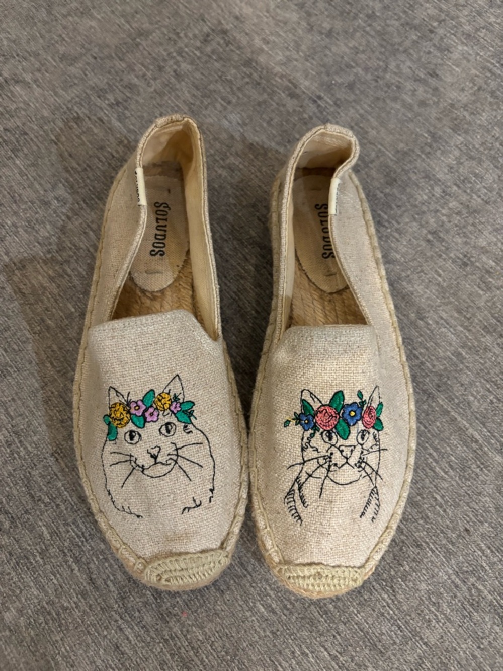 Soludos Spirit Animal Cat Floral Smoking Espadrilles Beige size 6